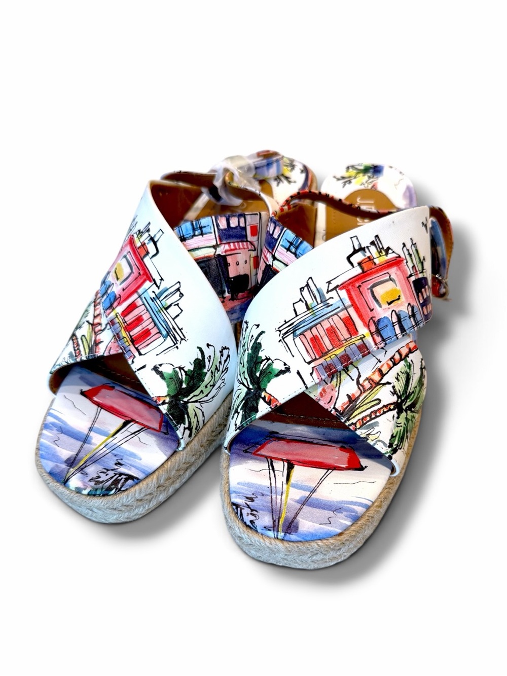 J.Renee White Espadrille Sandals with Multicolor Beach Print